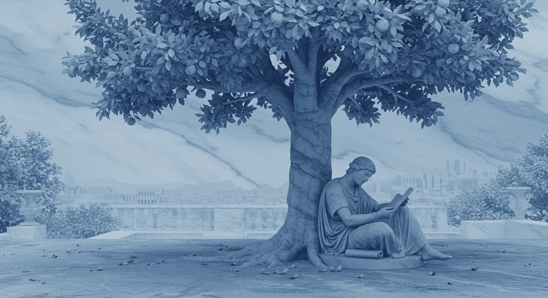 Classical figure reading under a tree - representing philosophical wisdom