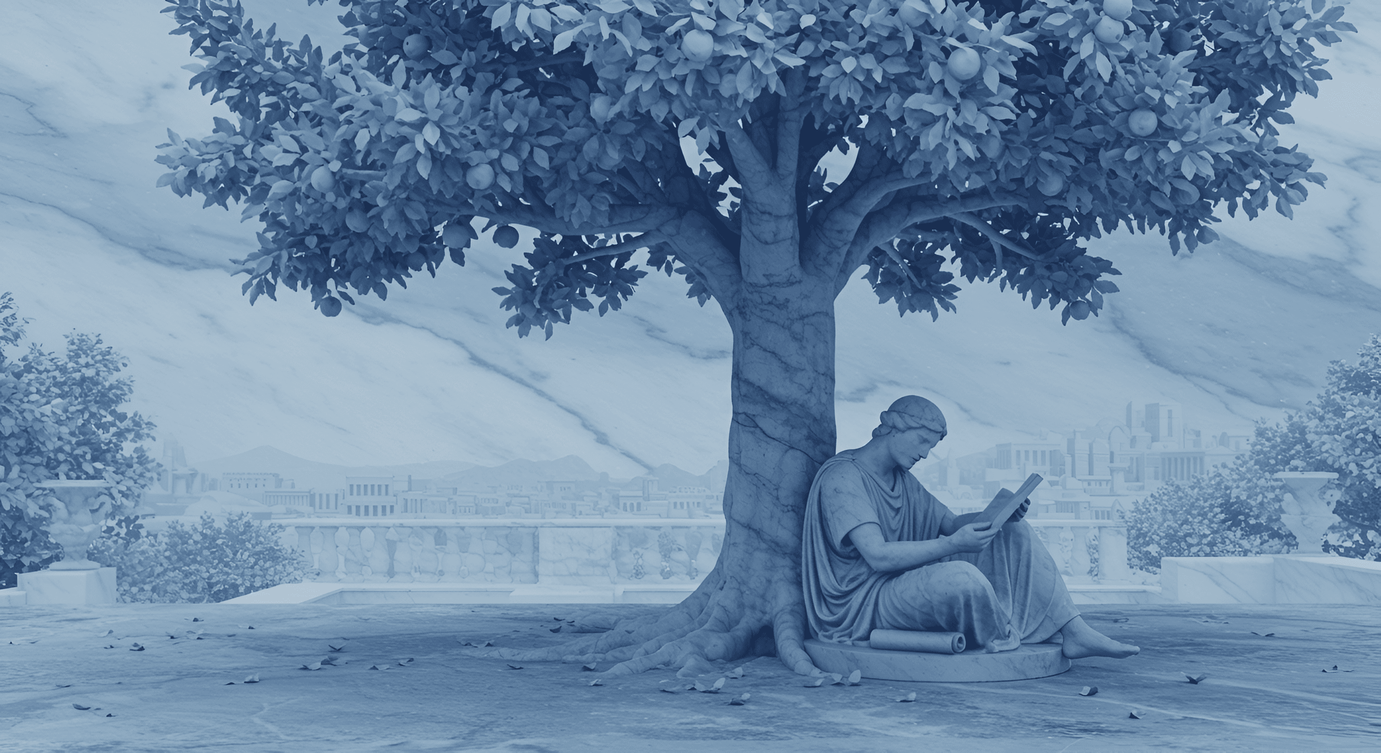 Classical figure reading under a tree - representing philosophical wisdom